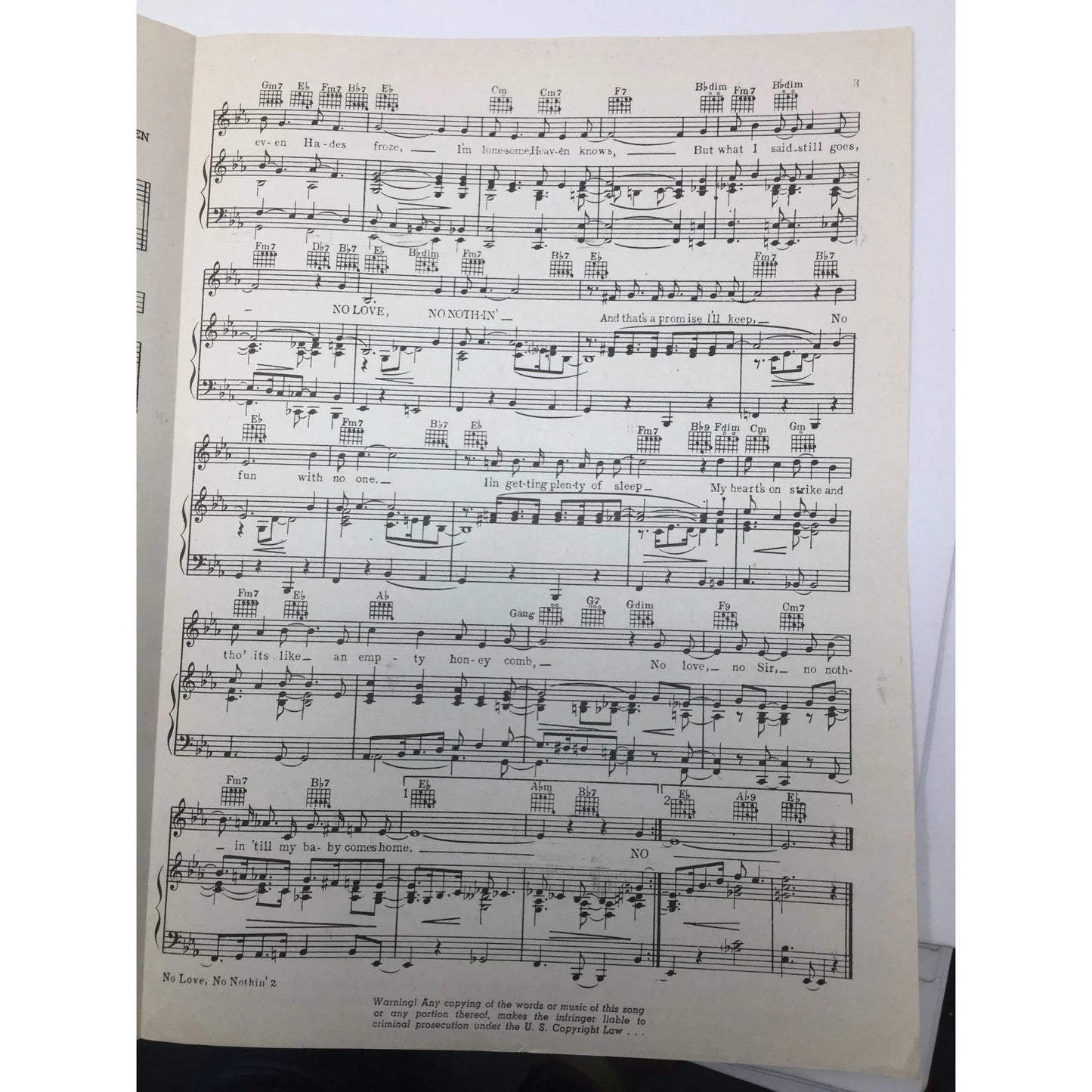 ''No Love, No Nothin''' Vintage Sheet Music - A+ Stuff - SHEET MUSIC - A+ Stuff