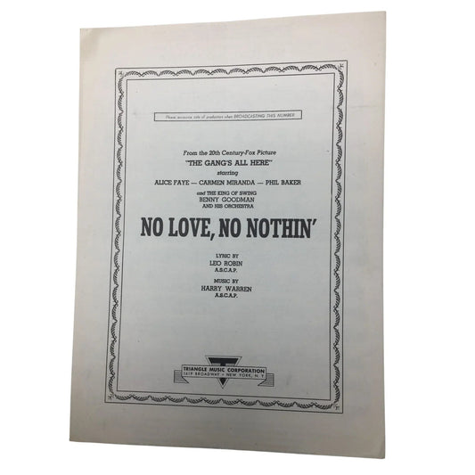 ''No Love, No Nothin''' Vintage Sheet Music - A+ Stuff - SHEET MUSIC - A+ Stuff