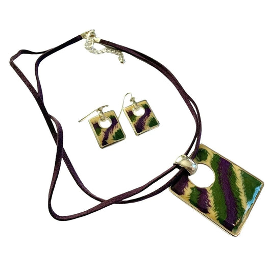 Purple Green & White Necklace and Earring Set Jewelry Leather Band - Unbranded - A+ Stuff