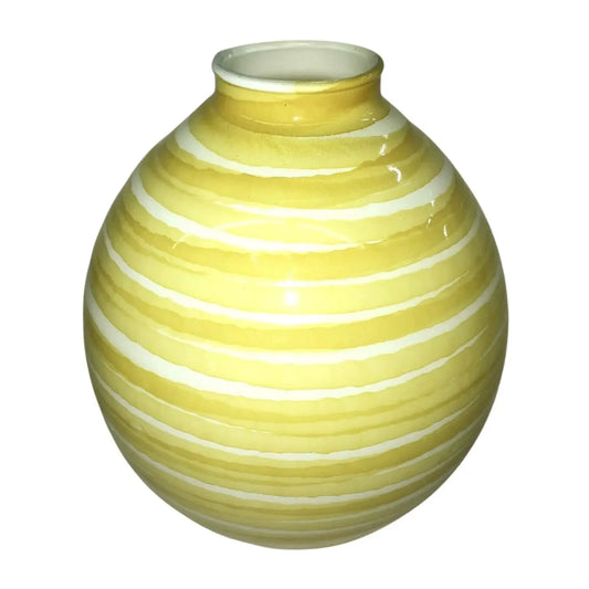 Round ceramic vase with yellow and white horizontal stripes on a white background