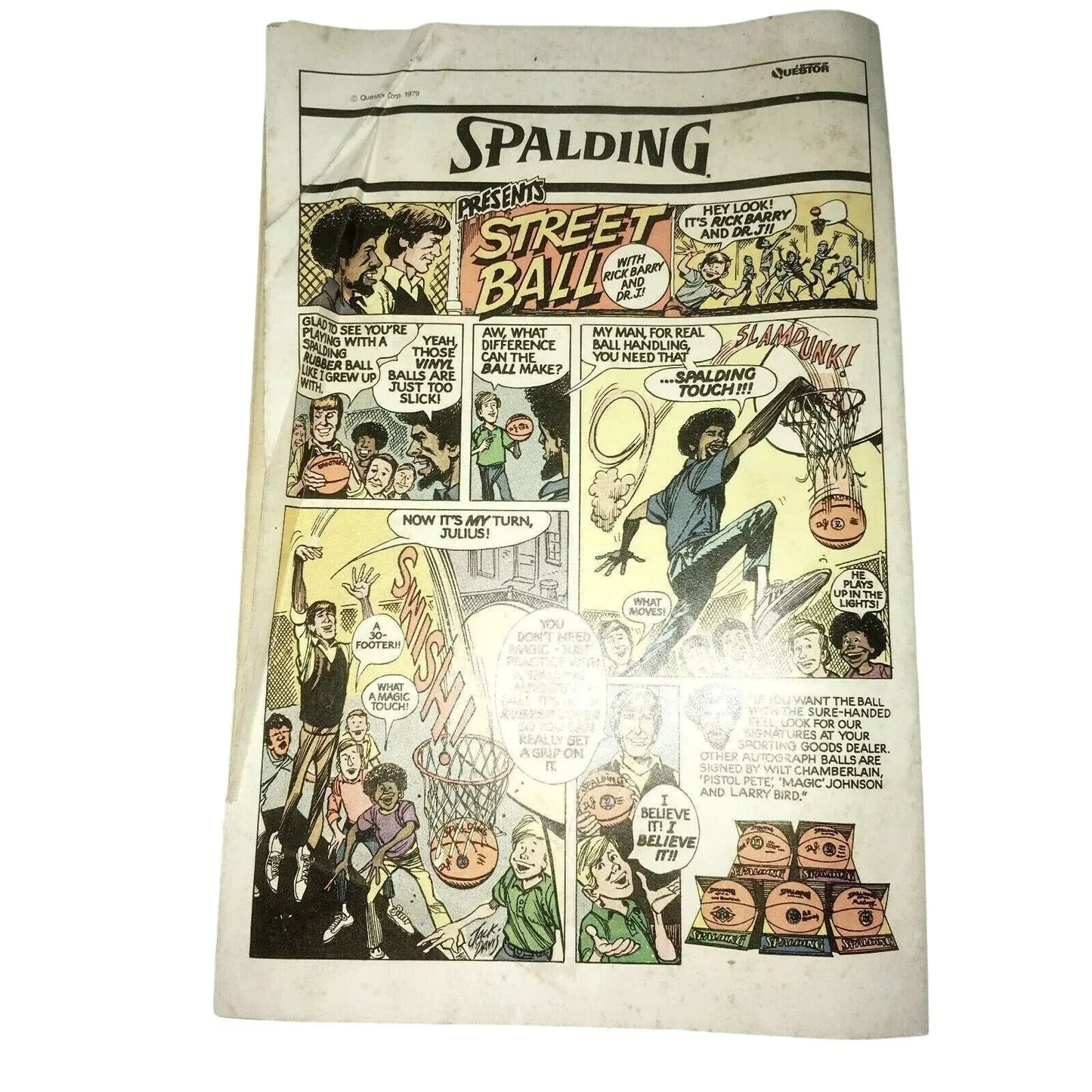 Vintage Spalding Street Ball comic ad featuring basketball players, slam dunks, and hoops.