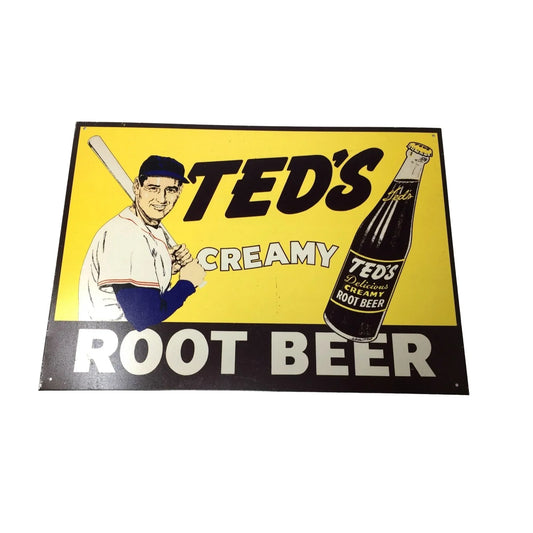 Ted Williams 'Ted's Creamy Root Beer' Soda Pop Sports Collectible Replica Metal Advertising Sign - A+ Stuff