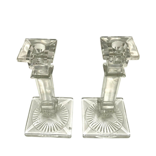 Westmoreland Antique Column Style Etched Glass Candlestick Holders Sun Burst at Base