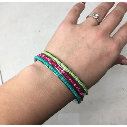 Set of 3 Women's Thin Metal Bracelets with Beads (Pink, Blue, green) - A+ Stuff - Bracelet - A+ Stuff