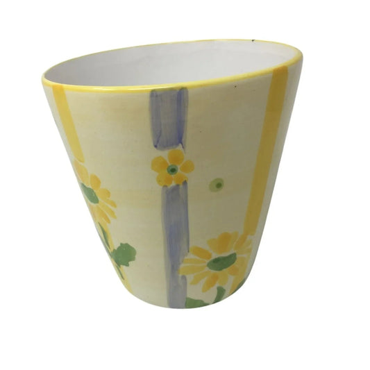 Small Flower Vase/Planter with Yellow Flowers on it and Blue/Yellow Stripes - A+ Stuff - Vaes or Planter - A+ Stuff