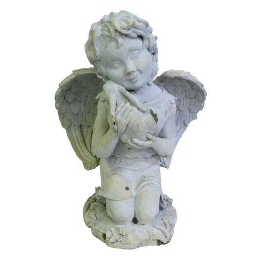 Smiling CHILD ANGEL Embracing Bunny GARDEN STATUE Lovely Details - Unbranded - garden statue - A+ Stuff