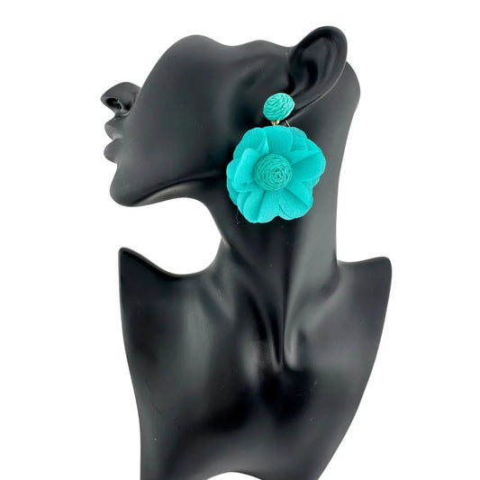 Teal Cloth Flower Earrings - CUTE! - Unbranded - A+ Stuff
