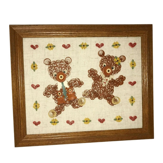Teddy Bears w Hearts & Flowers Handmade Paper Quilling Framed Wall Art - Kids Room Decor - Handmade - wall decor - A+ Stuff