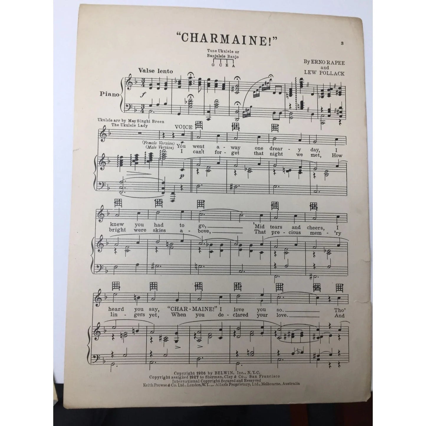Theme song from ''What Price Glory'' ''Charmaine'' With Ukulele Arrangement - A+ Stuff - SHEET MUSIC - A+ Stuff