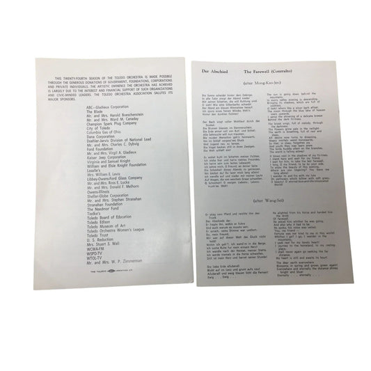 Two Programs - The Toledo Orchestra and Gustav Mahler's "Das Lied von der Erde" - A+ Stuff - Event Program - A+ Stuff