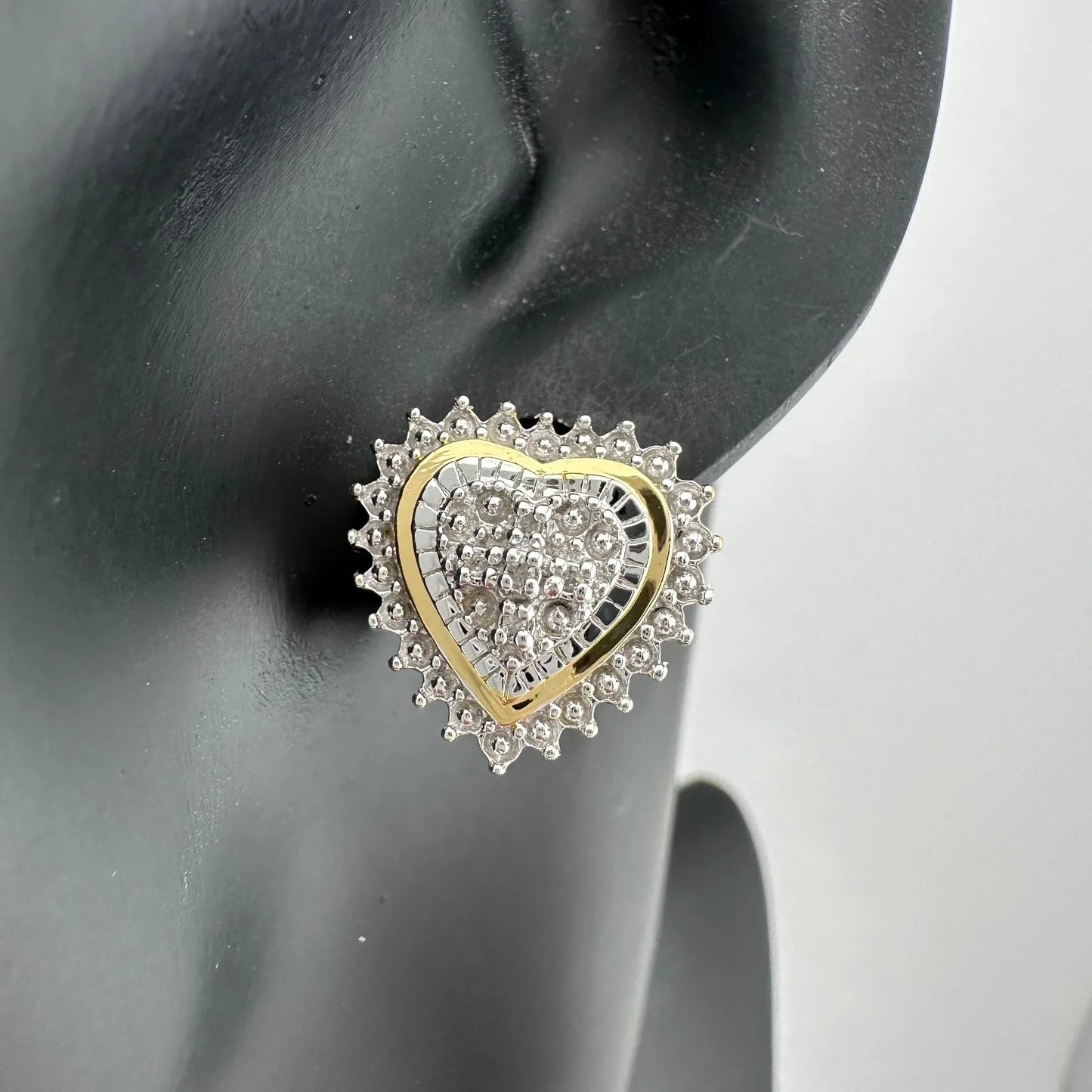 Two Tone Diamond Heart Stud Earrings in Sterling with 14 kt Gold Overlay - A+ Stuff