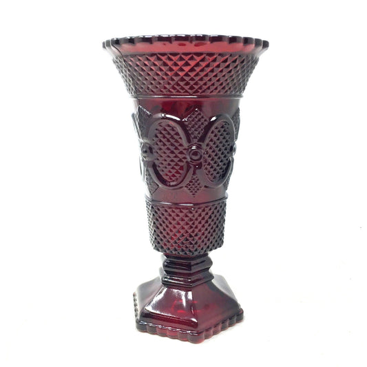 Vintage Avon 1876 Cape Cod Ruby Red Glass Footed Flower Vase 8" Avon A+ Stuff Vase or Holder