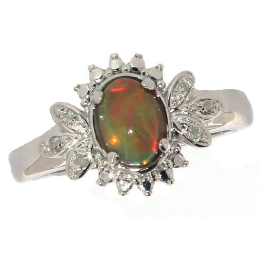 Natural Cabochon Australian Opal Ring with Small Diamond Size 7