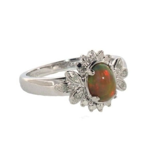 Natural Cabochon Australian Opal Ring with Small Diamond Size 7