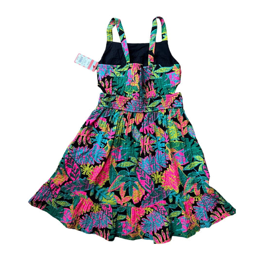 Girls Sundress - Tropical Foliage Print Dress - Black w Bright Colors Small Cutouts at Waist - L (10-12) - A+ Stuff