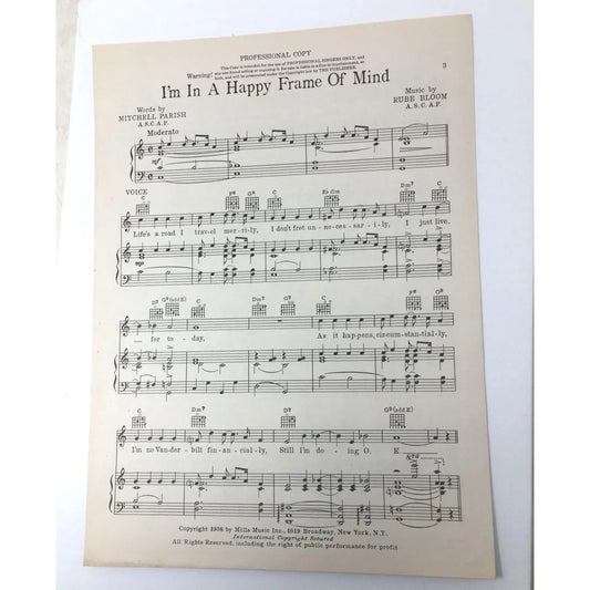 Vintage 1938 "I'M IN A HAPPY FRAME OF MIND" Sheet Music - unbranded - SHEET MUSIC - A+ Stuff