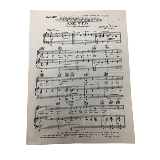 Vintage 1941 Sheet Music - ''Rose O' Day'' by Charlie Tobias and Al Lewis - A+ Stuff - Sheet Music - A+ Stuff