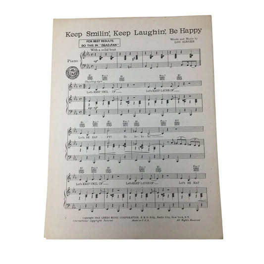 Vintage 1942 Sheet Music Book - ''Keep Smilin', Keep Laughin', Be Happy'' - A+ Stuff - SHEET MUSIC - A+ Stuff
