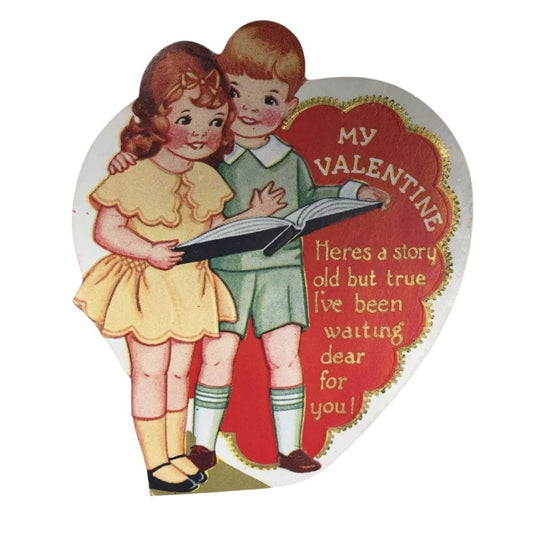 Vintage Boy and Girl Reading a Book Heart Valentine's Day Card - A+ Stuff - Collectibles - A+ Stuff