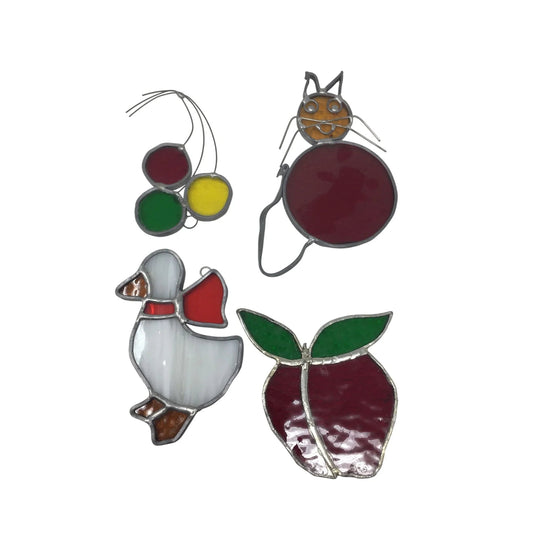 Vintage Colorful Stained Glass Sun Catchers (4) - Duck, Cat, Apple - A+ Stuff - Decor - A+ Stuff