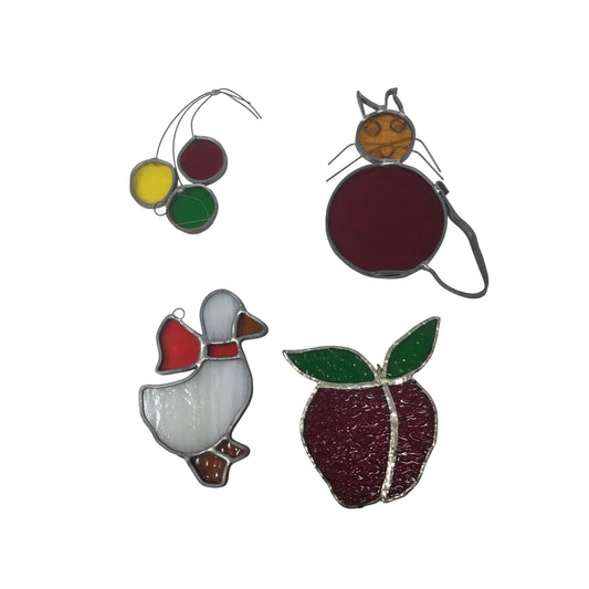 Vintage Colorful Stained Glass Sun Catchers (4) - Duck, Cat, Apple - A+ Stuff - Decor - A+ Stuff