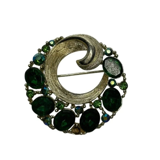 Vintage Gold Tone Lisner Wreath Brooch with Green Rhinestones - lisner - Brooch - A+ Stuff
