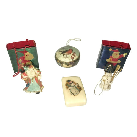 Vintage Holiday CHRISTMAS TREE Ornaments & Soap - Snowman, Santa, BIrd - Unbranded - Christmas Ornament Set - A+ Stuff