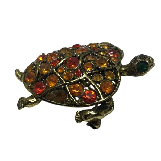 Vintage Hollycraft Gold Tone Turtle Pin with Orange Colored Rhinestones - A+ Stuff - pin - A+ Stuff