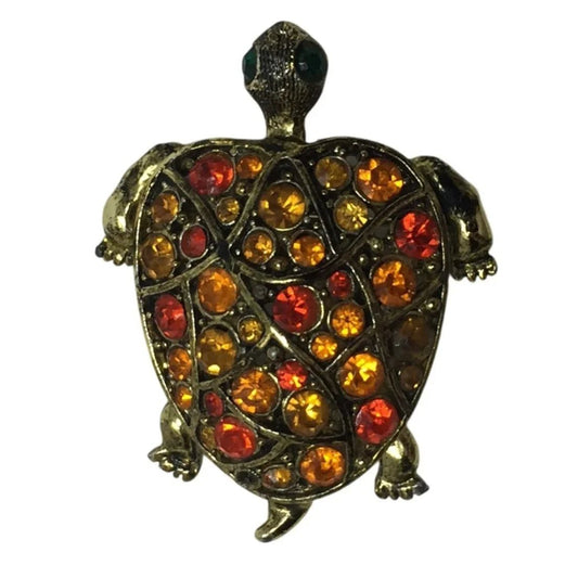 Vintage Hollycraft Gold Tone Turtle Pin with Orange Colored Rhinestones - A+ Stuff - pin - A+ Stuff