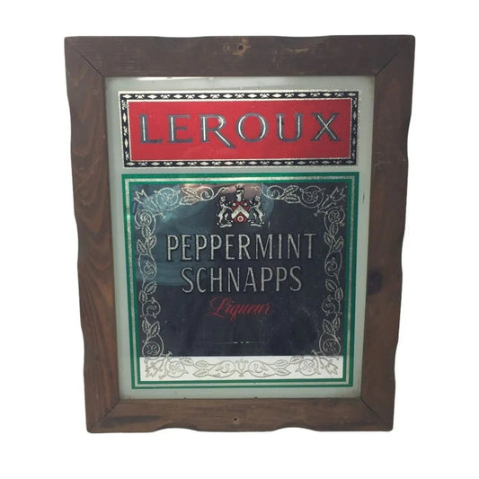 Vintage LEROUX PEPPERMINT SCHNAPPS LIQUEUR Bar Mirror Sign with Wood Frame - A+ Stuff