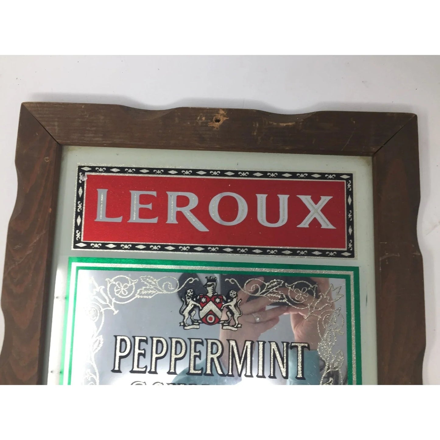Vintage LEROUX PEPPERMINT SCHNAPPS LIQUEUR Bar Mirror Sign with Wood Frame - A+ Stuff