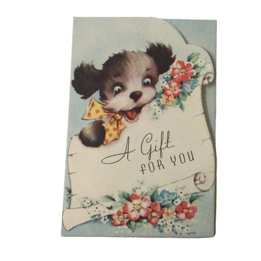 Vintage Miniature Paper Card "A Gift For You" with Puppy Dog and Flowers on it - A+ Stuff - Collectibles - A+ Stuff