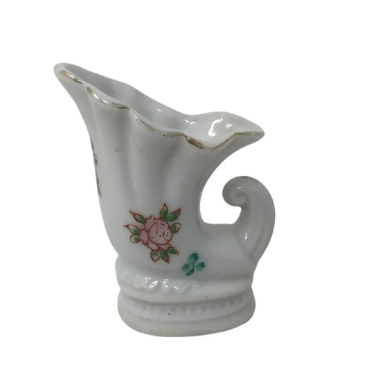 Vintage Miniature White Cornucopia Vase with Flowers on it - 2.5'' tall - A+ Stuff - Vase or Holder - A+ Stuff