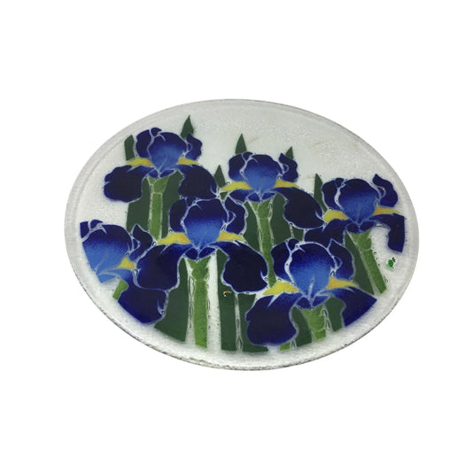 Vintage Peggy Karr Fused Art Glass Round Glass Plate with Blue Iris on it - peggy karr - Plates - A+ Stuff