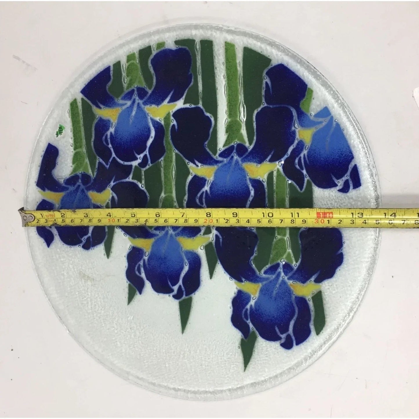 Vintage Peggy Karr Fused Art Glass Round Glass Plate with Blue Iris on it - peggy karr - Plates - A+ Stuff