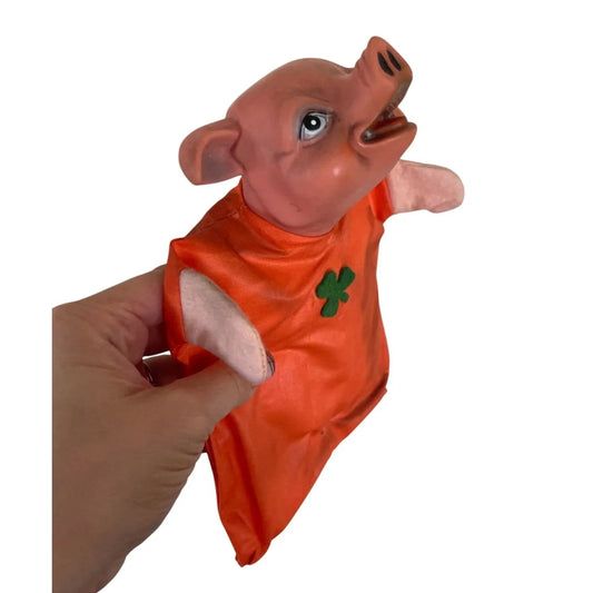 Vintage Pig Hand Puppet Wearing Orange Outfit with Green Three Leaf Clover - A+ Stuff - Puppets & Marionettes - A+ Stuff