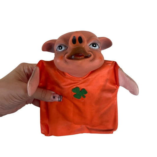 Vintage Pig Hand Puppet Wearing Orange Outfit with Green Three Leaf Clover - A+ Stuff - Puppets & Marionettes - A+ Stuff