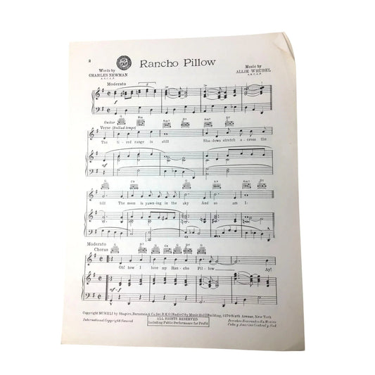Vintage 'RANCHO PILLOW' Sheet Music - unbranded - SHEET MUSIC - A+ Stuff