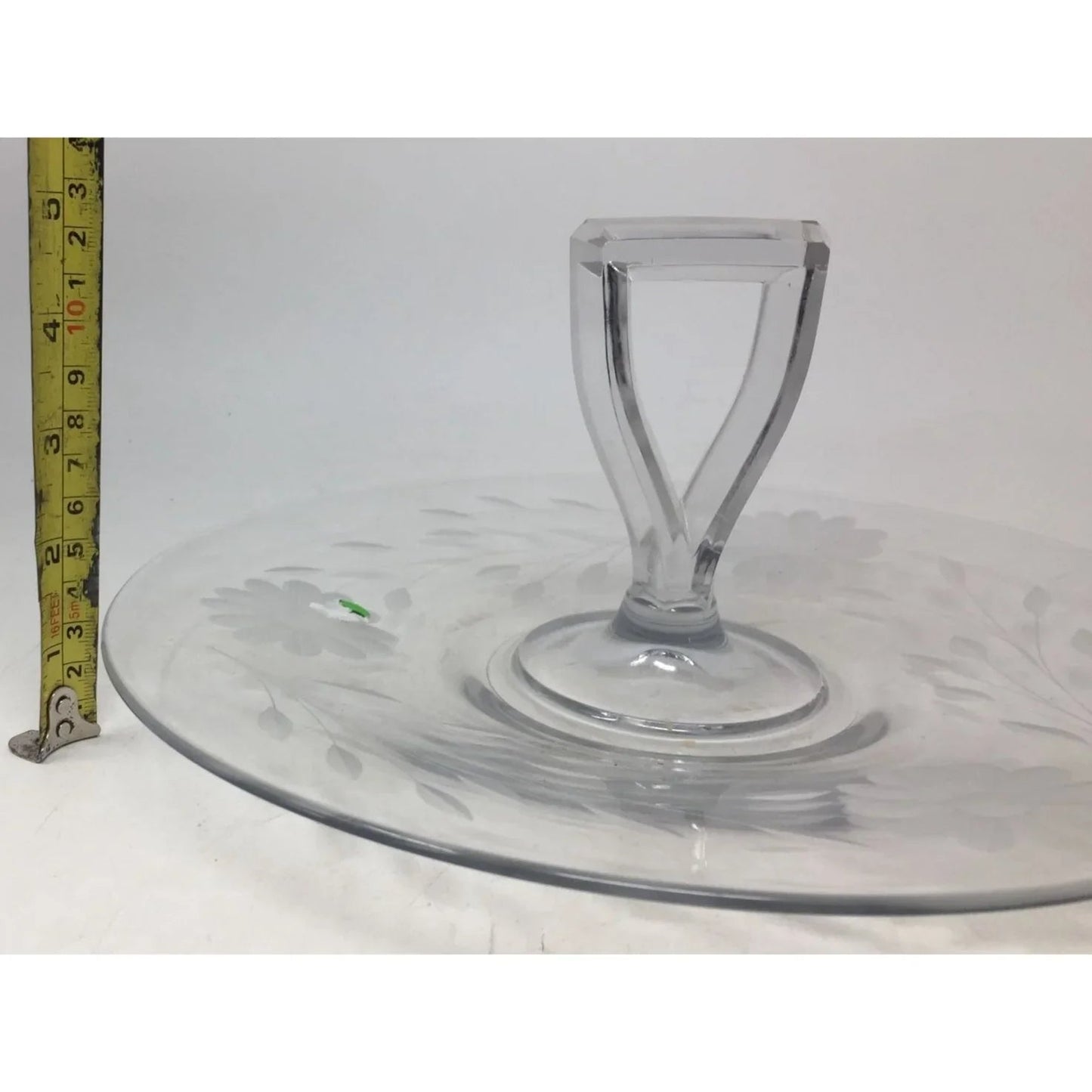 Vintage Round Clear Glass Floral Etched Plate/Platter with Center Handle - A+ Stuff - Plates - A+ Stuff