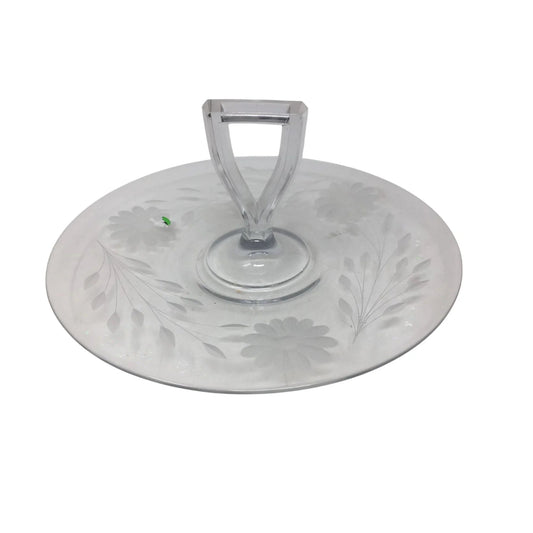 Vintage Round Clear Glass Floral Etched Plate/Platter with Center Handle - A+ Stuff - Plates - A+ Stuff