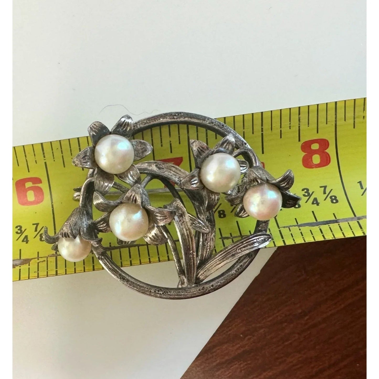 Vintage Round Silver Tone Brooch with Faux Pearls and Flowers on it - A+ Stuff - Brooch - A+ Stuff