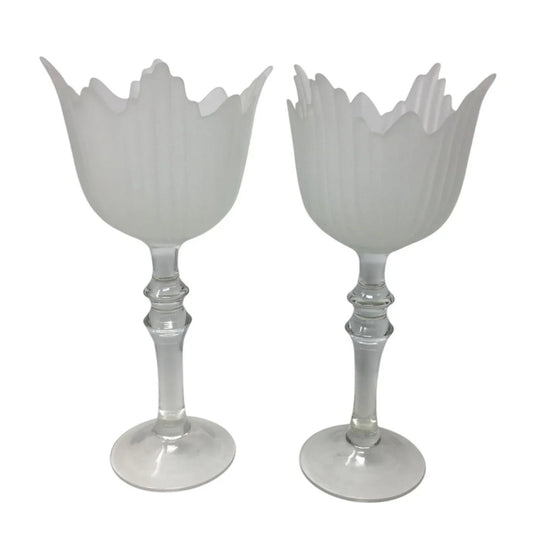 Vintage Set of 2 Romanian Pedestal Tulip Shape Frosted Clear Centerpieces/Vases - A+ Stuff