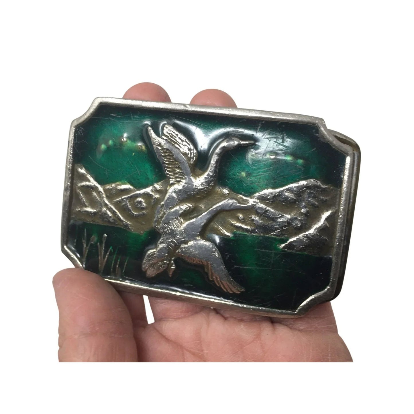 Vintage Silver and Green Men's Metal Belt Buckle with Two Flying Ducks on it - A+ Stuff - Belt Buckles - A+ Stuff