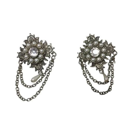 Vintage Silver Tone Faux Pearl & Rhinestone Chain Statement Dangle Earrings - A+ Stuff - Earrings - A+ Stuff