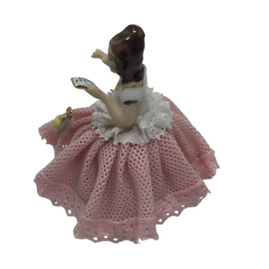 Vintage Small Franz Wittwer Dresden Lace Porcelain Lady In Pink Dress Figurine - A+ Stuff - Figurines - A+ Stuff