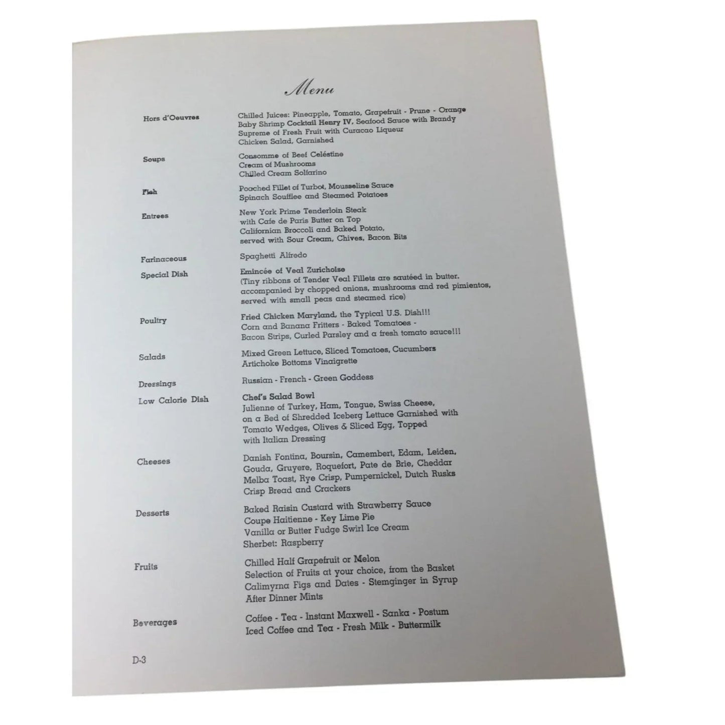 Vintage S.S "Veedam" Dinner Menu from Holland America Cruises - unbranded - A+ Stuff
