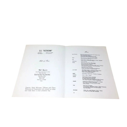 Vintage S.S "VEENDAM" Dinner Menu from Holland America Cruise Line - unbranded - A+ Stuff