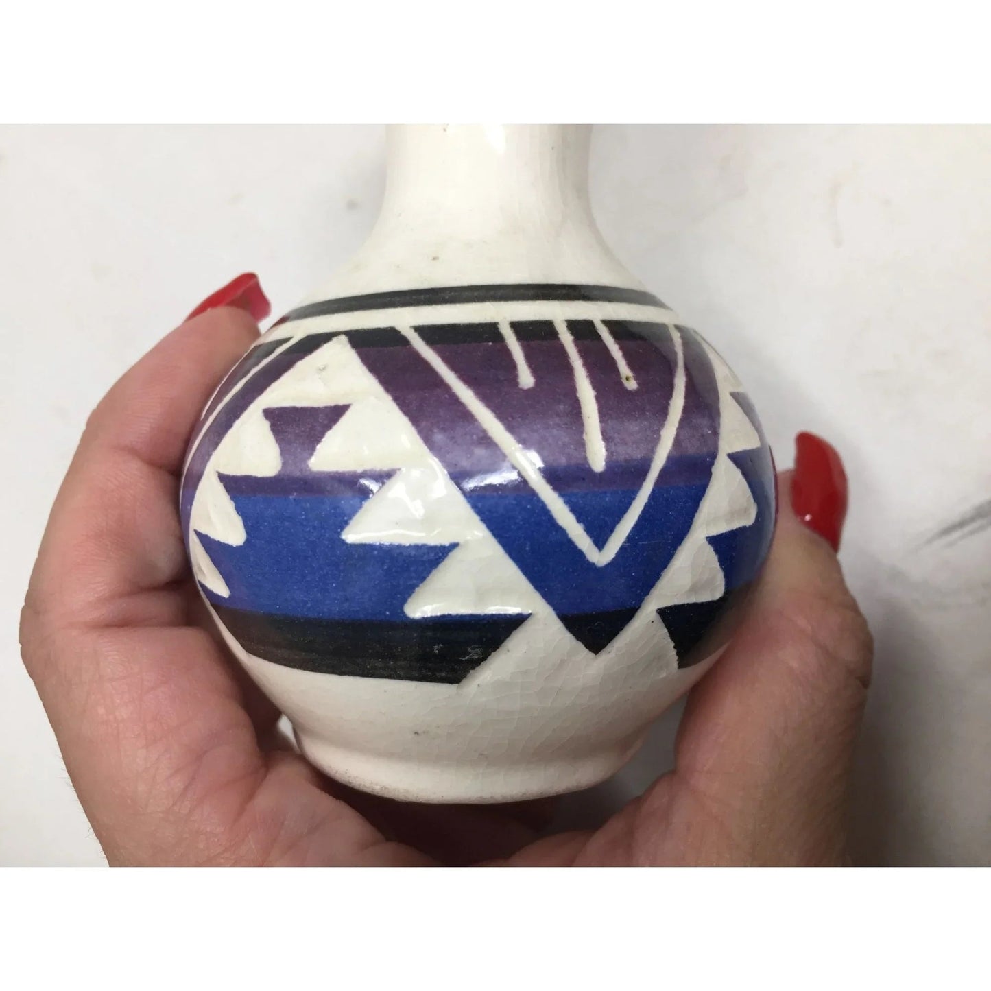 Vintage White Sioux Pottery Vase with Geometric design on it - A+ Stuff - Vase or Holder - A+ Stuff