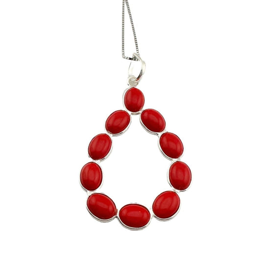 Modern 8.5 ct Red Coral Bold Teardrop Pendant - 24" Sterling Silver Chain