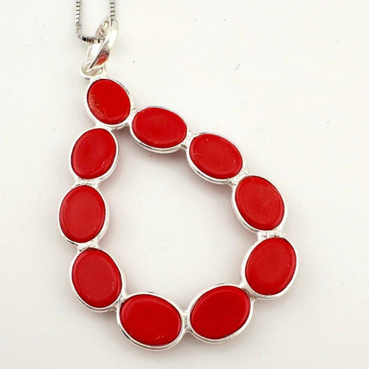 Modern 8.5 ct Red Coral Bold Teardrop Pendant - 24" Sterling Silver Chain